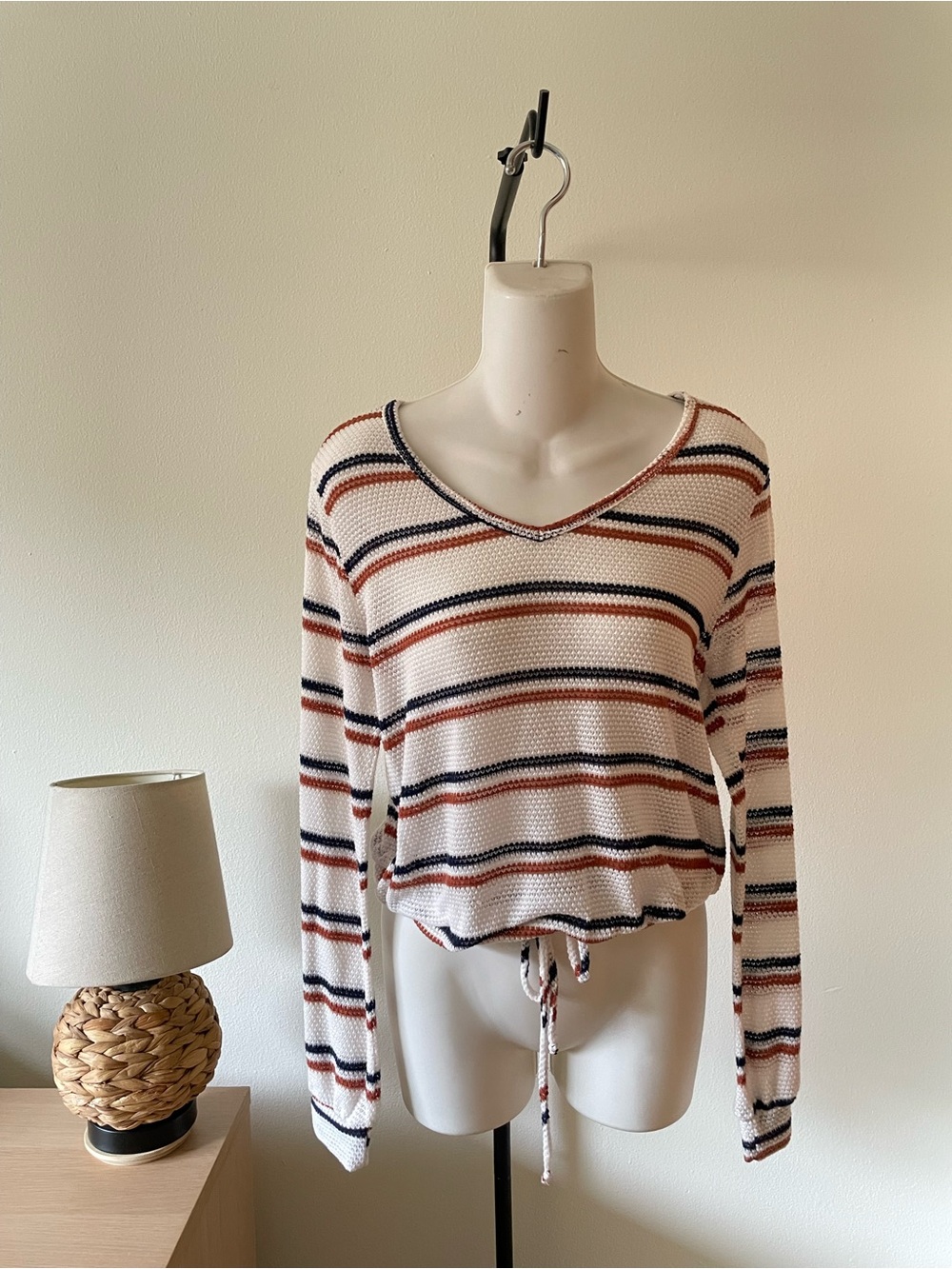 Striped V-Neck Drawstring Pullover Sweater - White/Navy/Rust